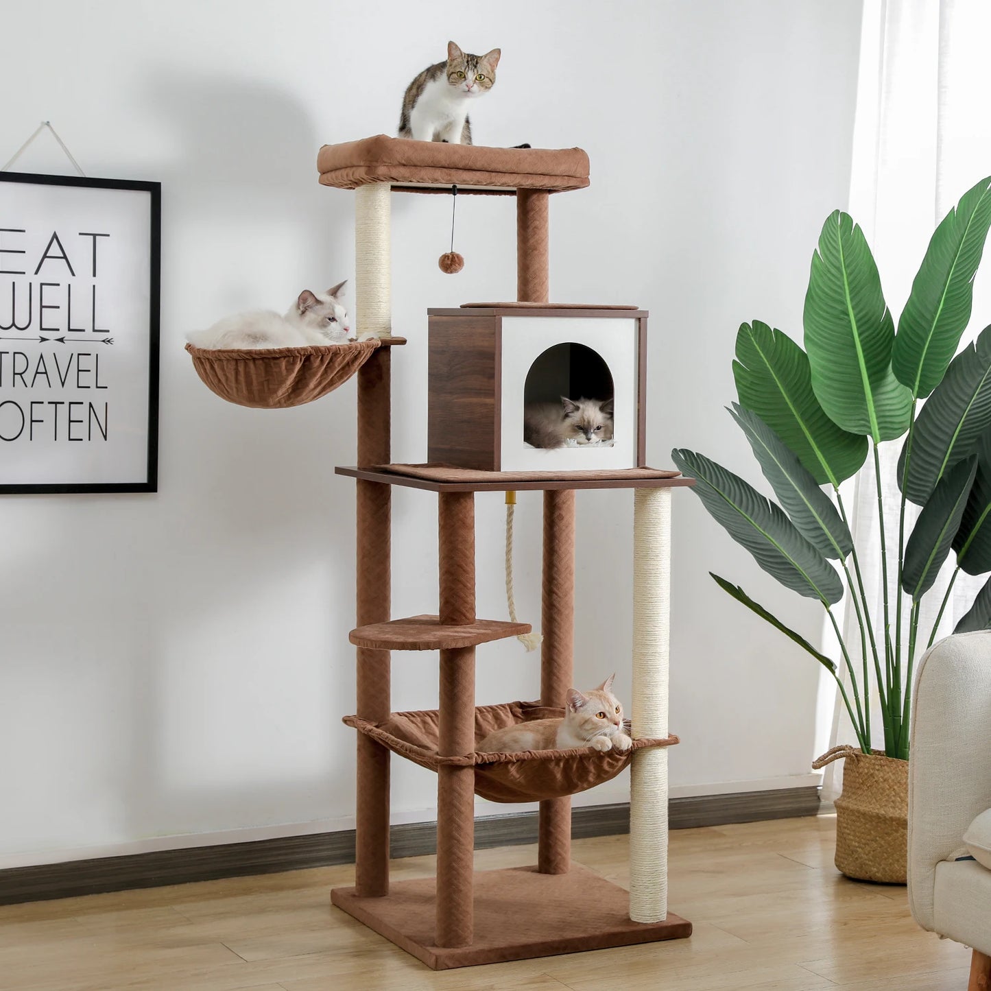 Multi-Level Cat Tower, Covered Scratching Posts Private Condo