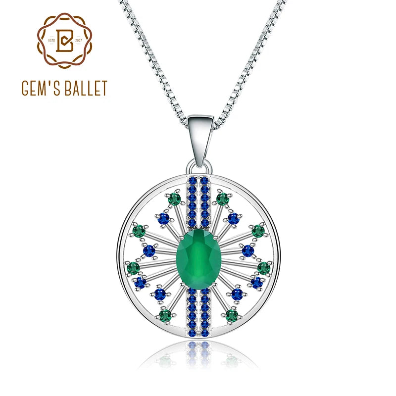 GEM'S BALLET Natural Green Agate Gemstones Fine Jewelry 925 Sterling Silver Vintage Pendant Necklace for Women Wedding