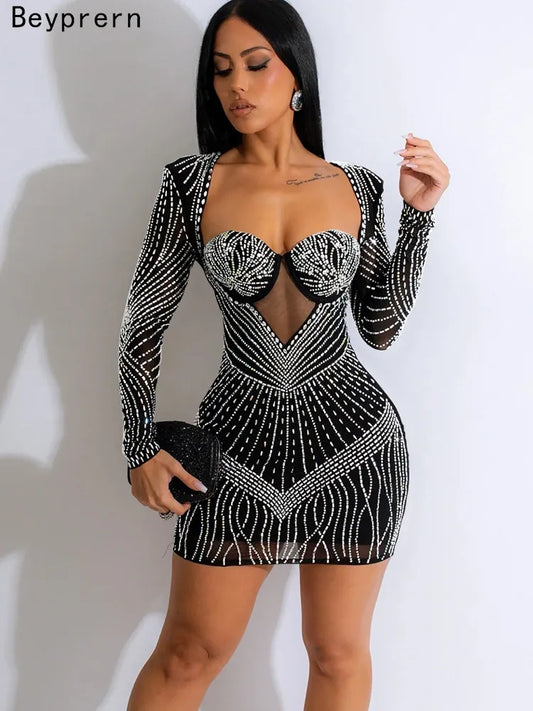 Beautiful  Rhinestone Padded Mini Dress