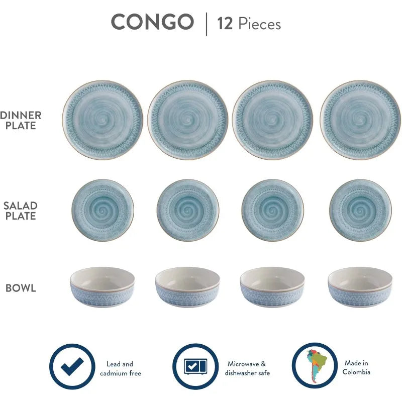 Dinnerware Set 16– piece, Plates Bowls and Mugs Set,  Microwave and Dishwasher Safe, Congo Etnic Design