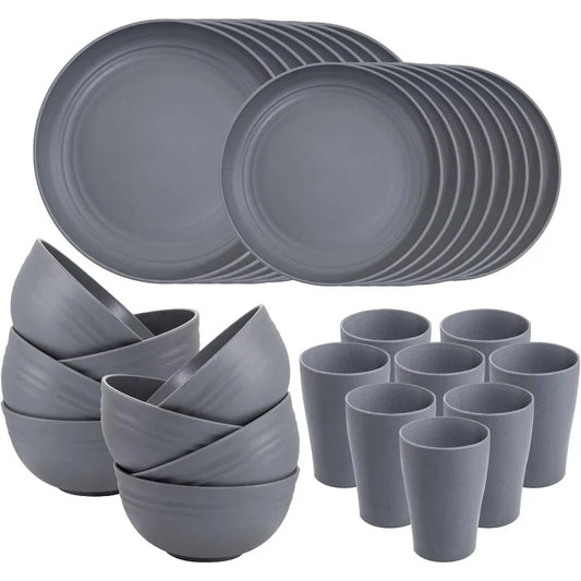 32 pcs Wheat Straw Dinnerware Sets ,Unbreakable Dinner Plates Bowls 16pcs Plates, 8pcs Bowls