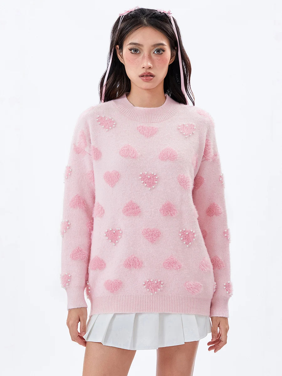 Women Pullover Sweater  Pearl Heart Pattern