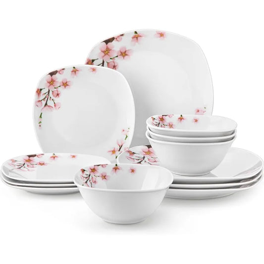 Plates and Bowls Sets for 4, Porcelain Dinnerware Sets with Floral,