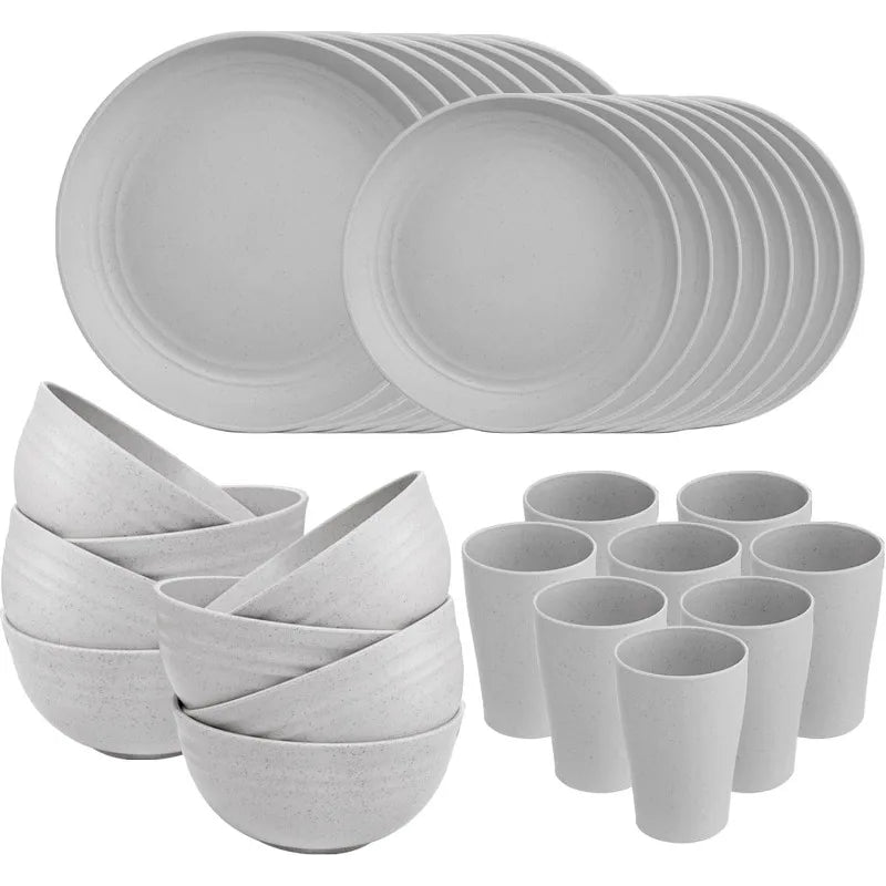 32 pcs Wheat Straw Dinnerware Sets ,Unbreakable Dinner Plates Bowls 16pcs Plates, 8pcs Bowls