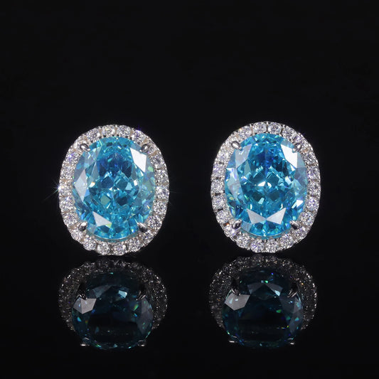 GEM'S BALLET 925 Sterling Silver Women's Earrings Oval Diamond-fire CZ- Aqua Blue Halo Stud Earrings Gift For Her Luxury Jewelry