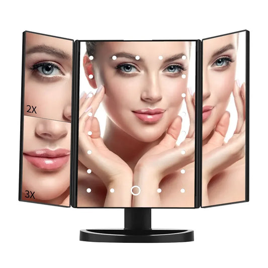 Portable Makeup Mirror Led Light Touch Screen with 21 LED Lights 1X/2X/3X Magnifying 3 Folding Cosmetic Mirror