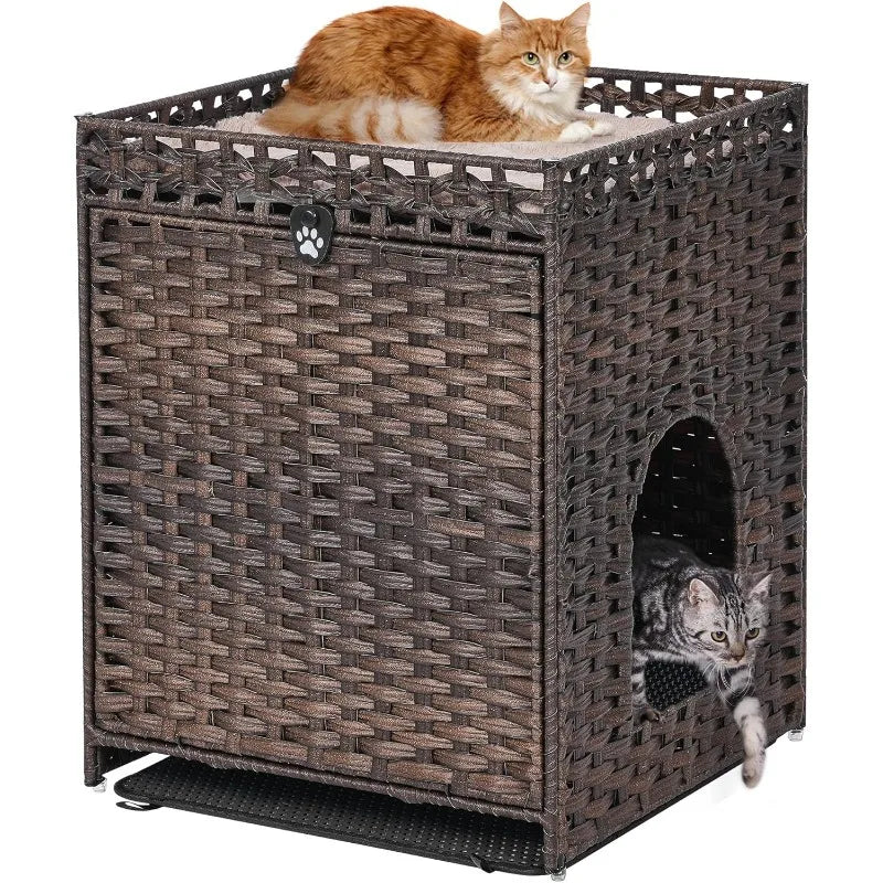 Cat Litter Box Enclosure with Soft Litter Mat; Hidden Washroom Furniture with Door