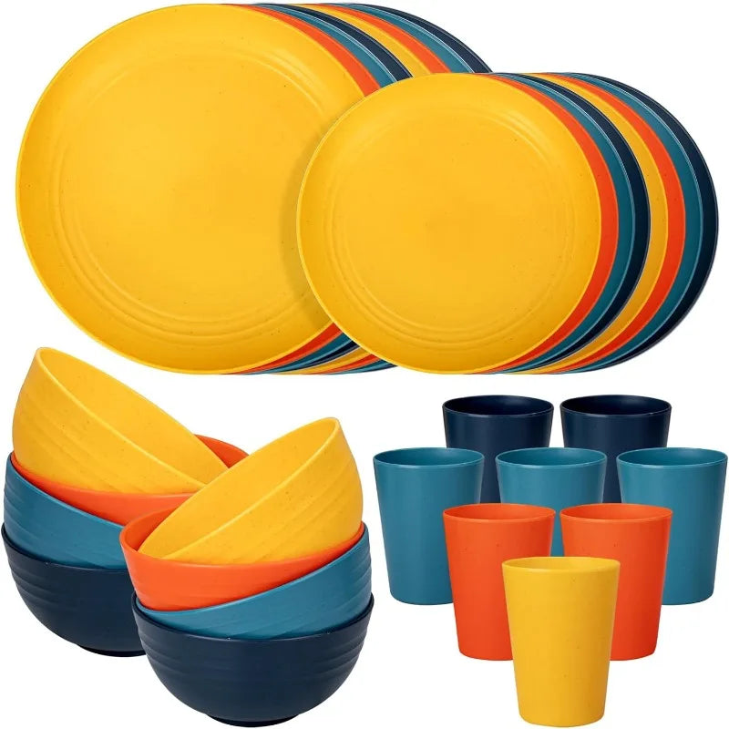 32 pcs Wheat Straw Dinnerware Sets ,Unbreakable Dinner Plates Bowls 16pcs Plates, 8pcs Bowls