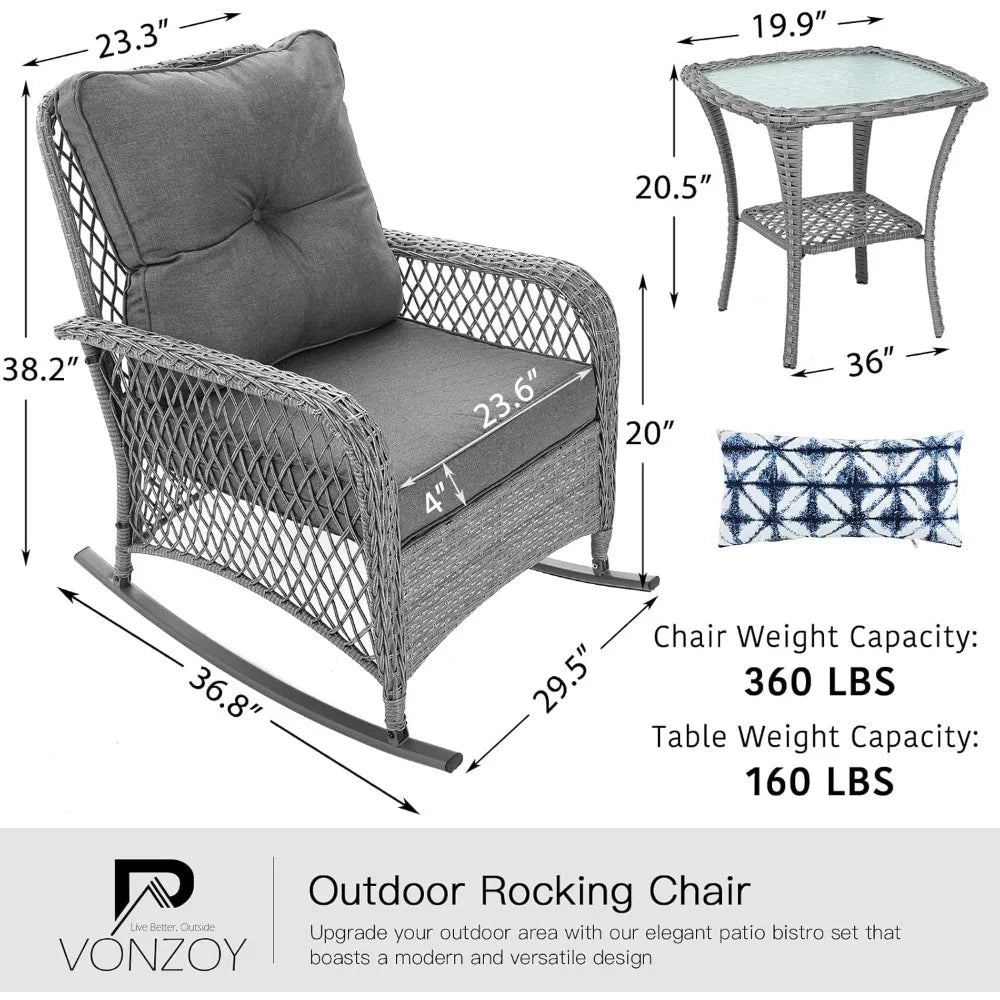 Patio Furniture Set 3 Pieces, Wicker Rocking with Thick Cushions,