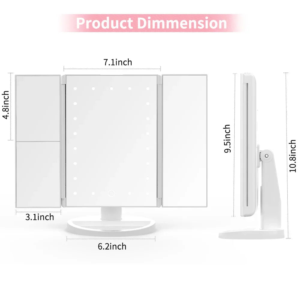 Portable Makeup Mirror Led Light Touch Screen with 21 LED Lights 1X/2X/3X Magnifying 3 Folding Cosmetic Mirror