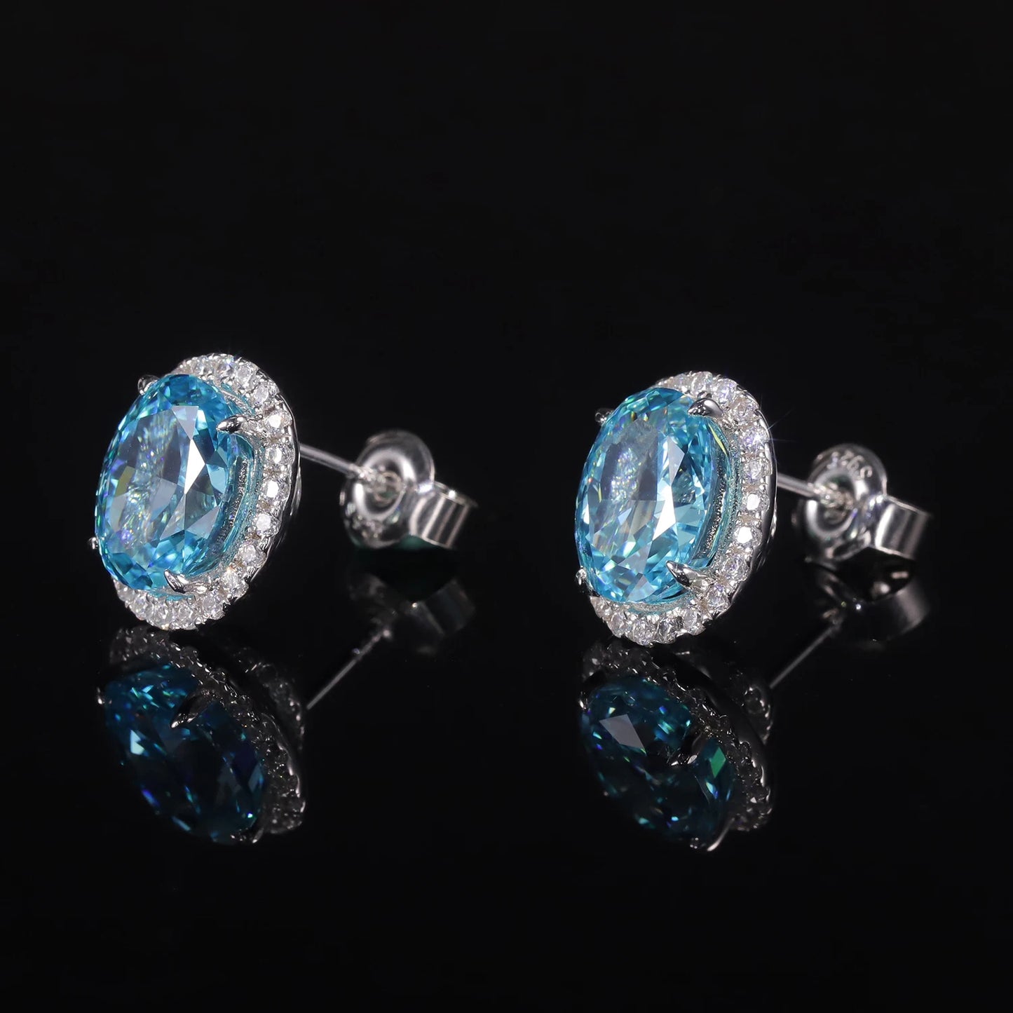 GEM'S BALLET 925 Sterling Silver Women's Earrings Oval Diamond-fire CZ- Aqua Blue Halo Stud Earrings Gift For Her Luxury Jewelry