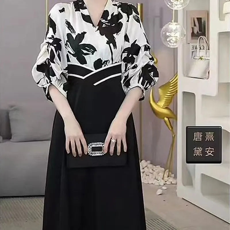 Elegant V-Neck Patchwork Midi Dress  3/4 Sleeve New French Style A-Line Waist Dresses