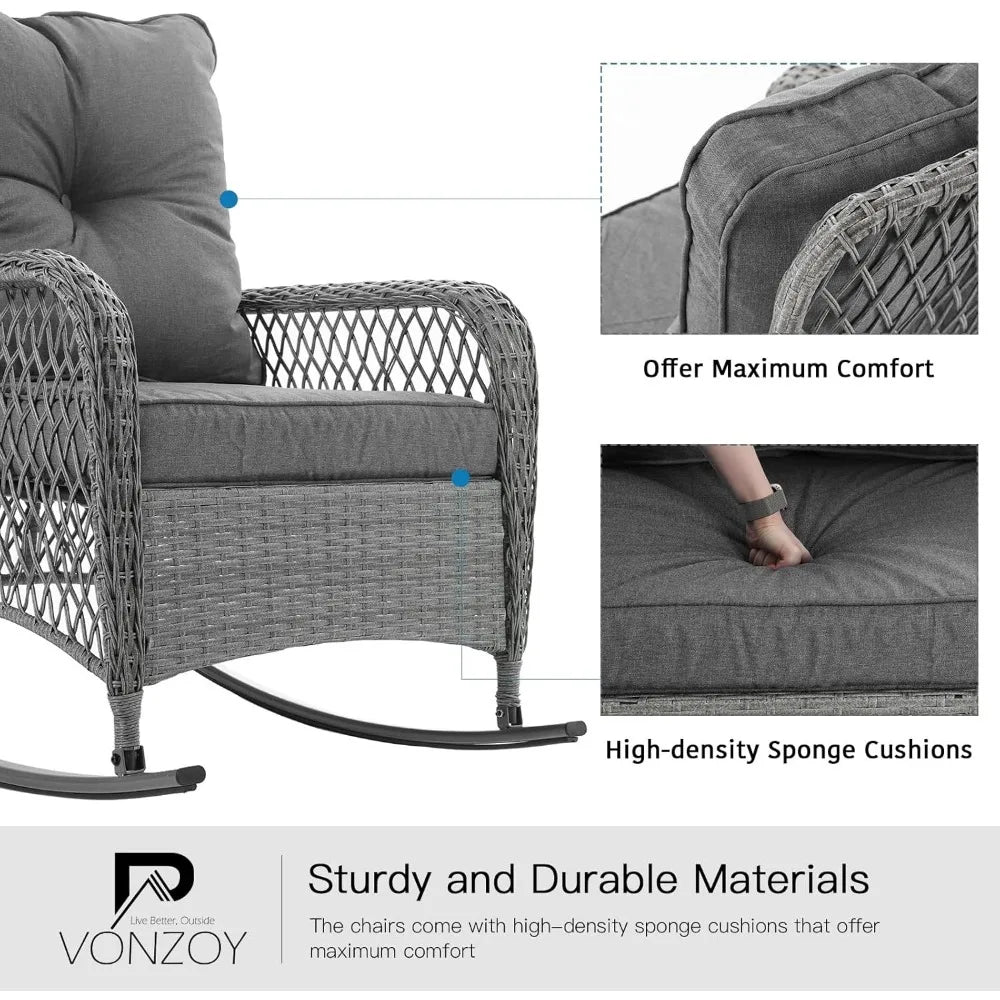 Patio Furniture Set 3 Pieces, Wicker Rocking with Thick Cushions,