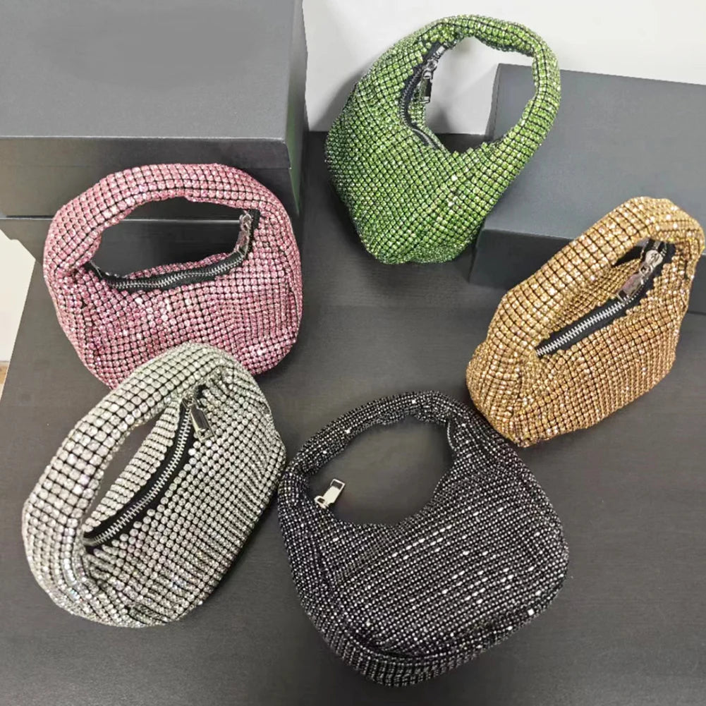 Women Elegant Wrist Bag Solid Color Rhinestone Bling