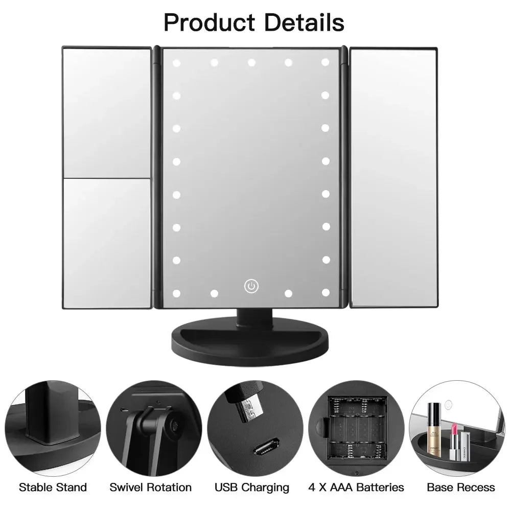 Portable Makeup Mirror Led Light Touch Screen with 21 LED Lights 1X/2X/3X Magnifying 3 Folding Cosmetic Mirror