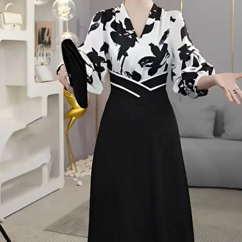 Elegant V-Neck Patchwork Midi Dress  3/4 Sleeve New French Style A-Line Waist Dresses