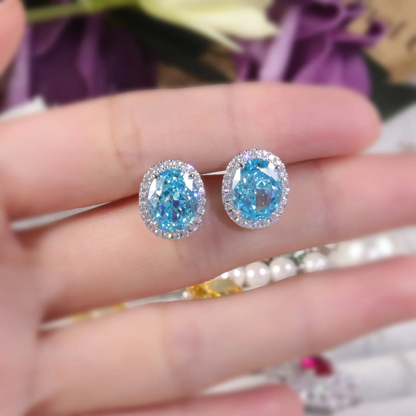 GEM'S BALLET 925 Sterling Silver Women's Earrings Oval Diamond-fire CZ- Aqua Blue Halo Stud Earrings Gift For Her Luxury Jewelry