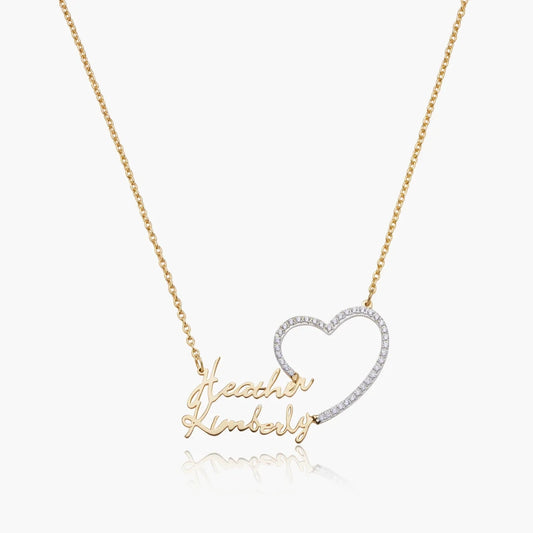 Custom Couples Script Name Iced Heart Necklace 18K