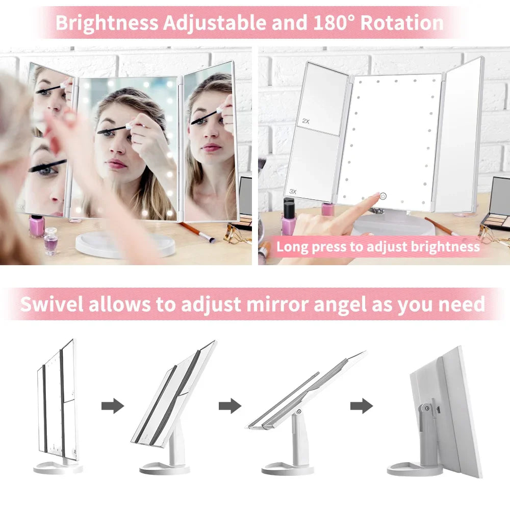 Portable Makeup Mirror Led Light Touch Screen with 21 LED Lights 1X/2X/3X Magnifying 3 Folding Cosmetic Mirror