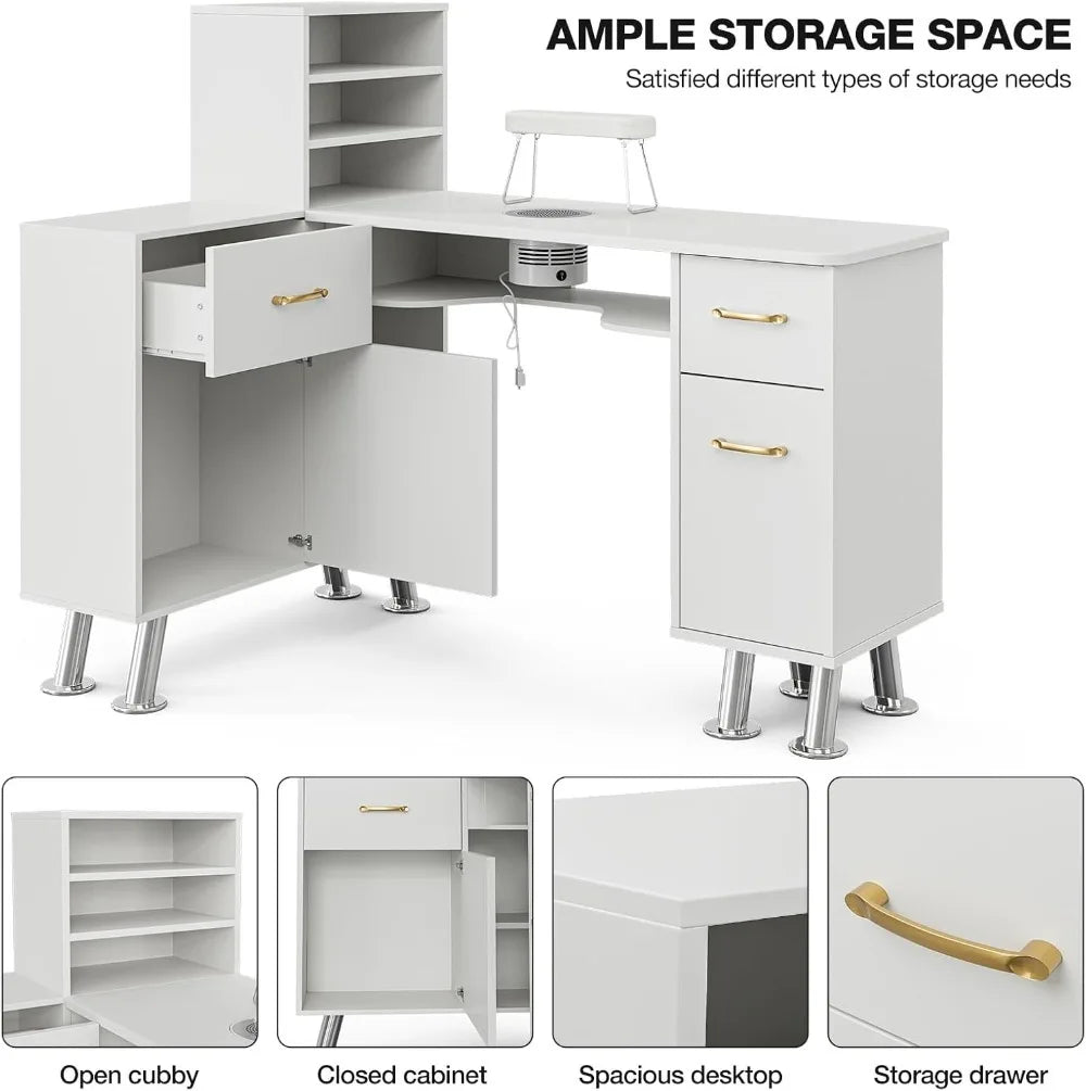 Manicure Table with Shelves, L-Shaped w/Electric Downdraft Vent,