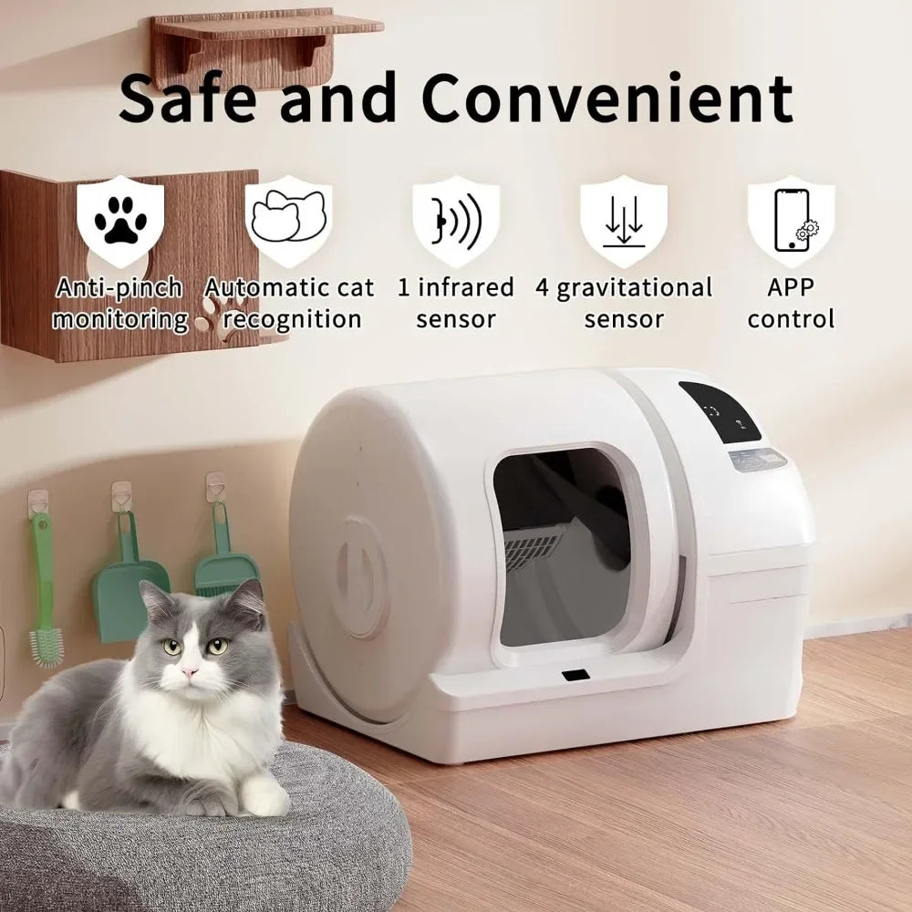 Odor Removal Cat Litter Box for Multiple Cats White Self-cleaning