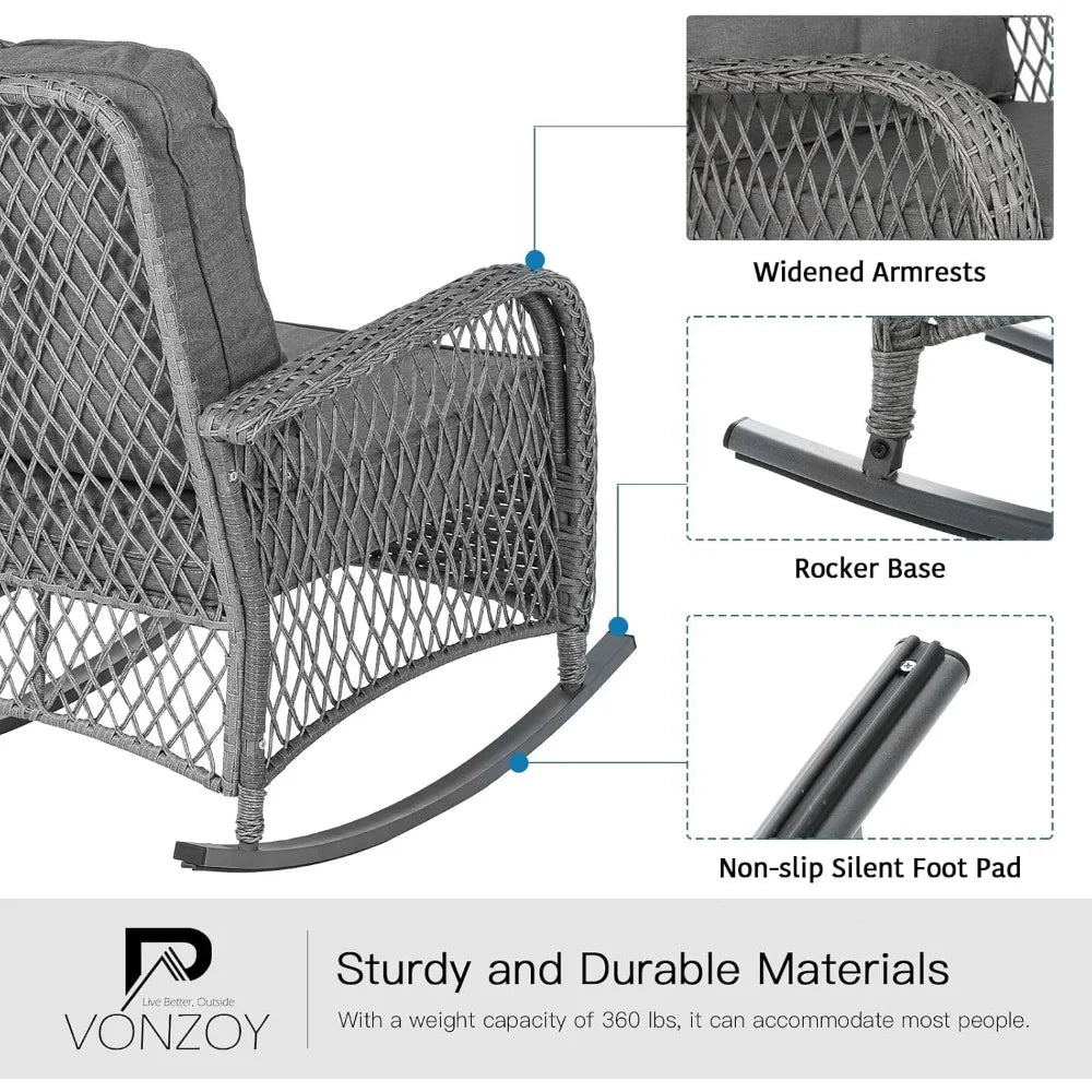 Patio Furniture Set 3 Pieces, Wicker Rocking with Thick Cushions,