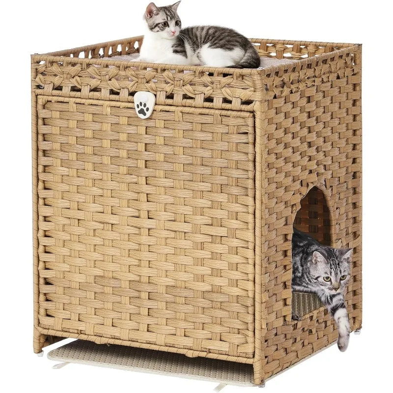 Cat Litter Box Enclosure with Soft Litter Mat; Hidden Washroom Furniture with Door