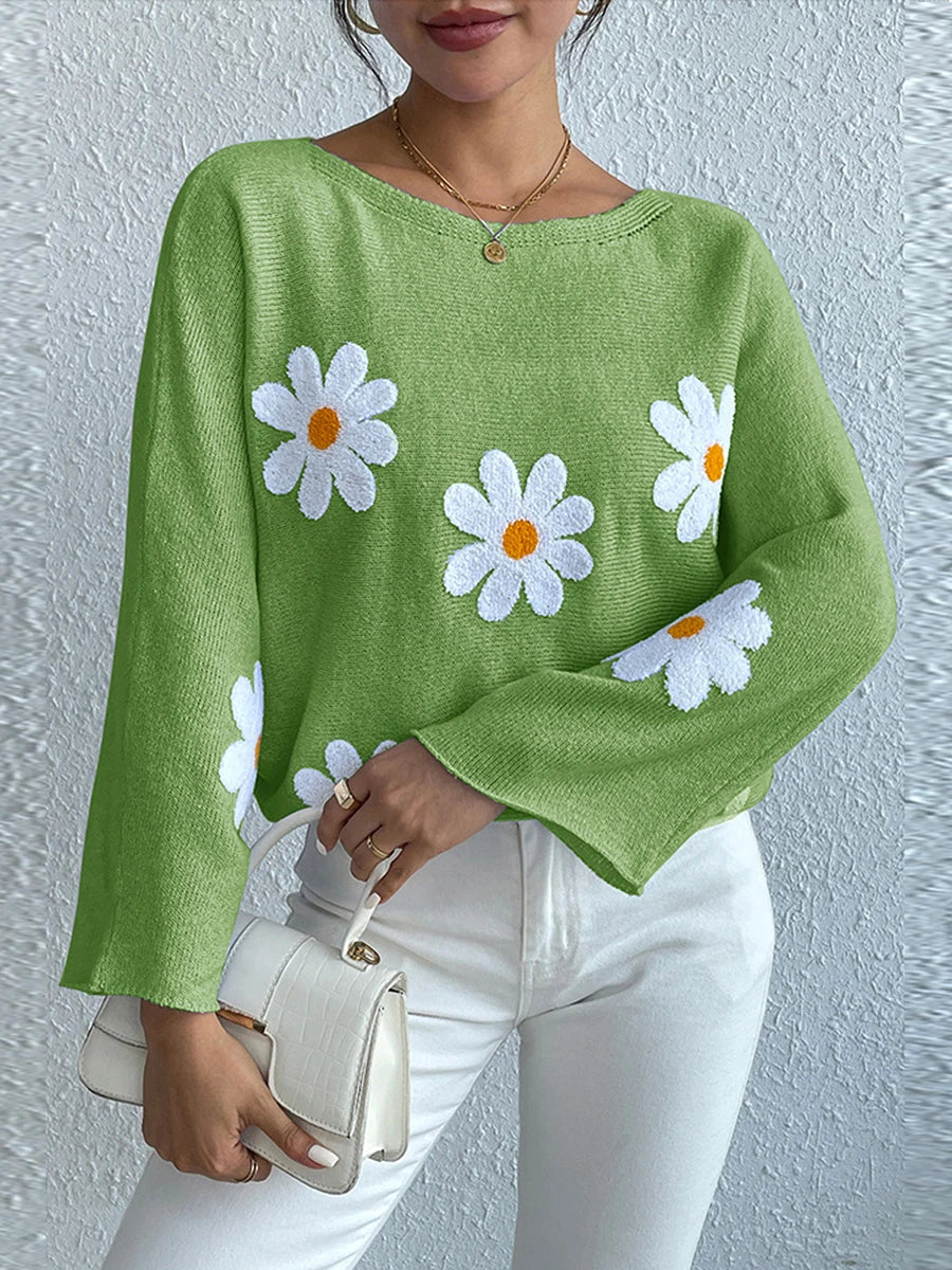 Women Loose Knit Sweater Sweet Flower