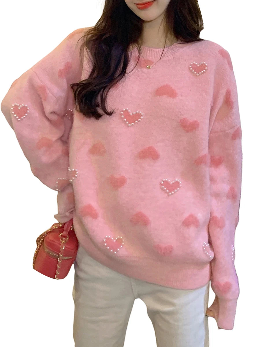 Women Pullover Sweater  Pearl Heart Pattern