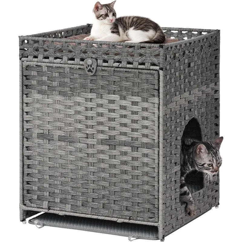 Cat Litter Box Enclosure with Soft Litter Mat; Hidden Washroom Furniture with Door